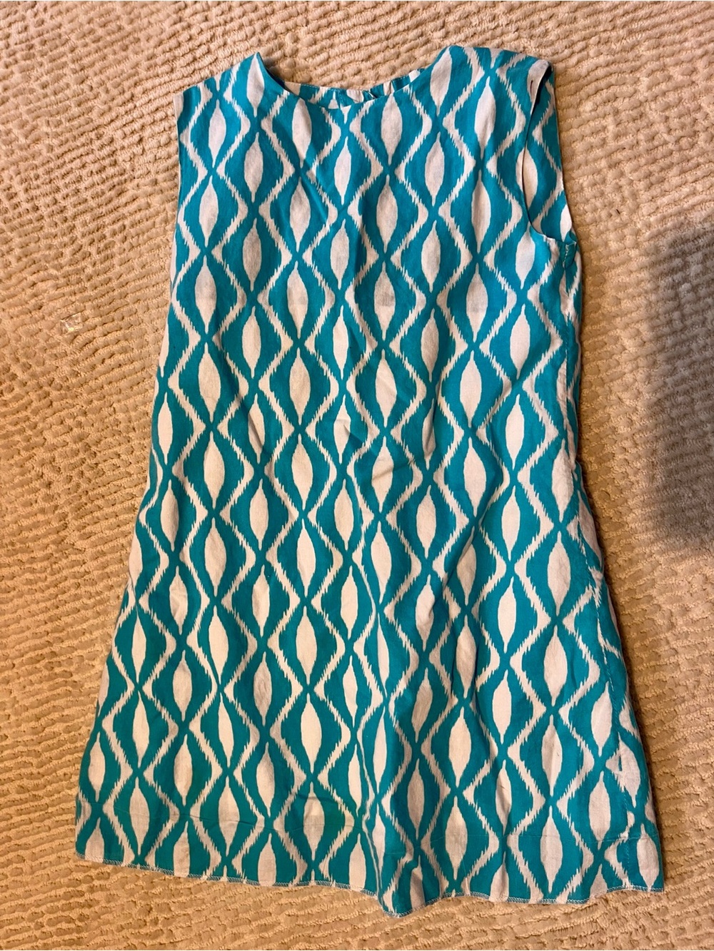 Oscar de la Renta Turquoise and White Ikat Printed Shift Dress Sz 5 - Picture 3 of 7